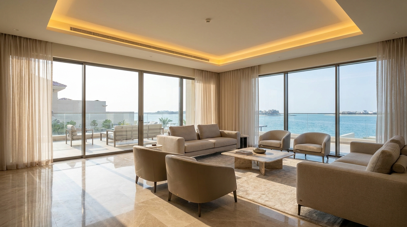 Palm Jumeirah villa renovation planning with coastal exposure, exterior finishes, and interior material coordination