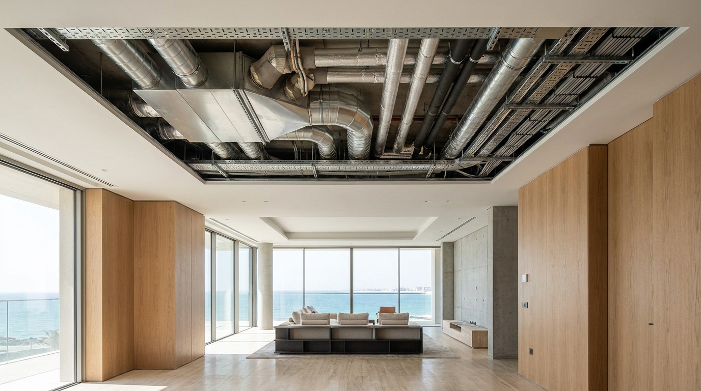 Coastal villa renovation coordination with HVAC routes, ceiling services, and finish protection requirements