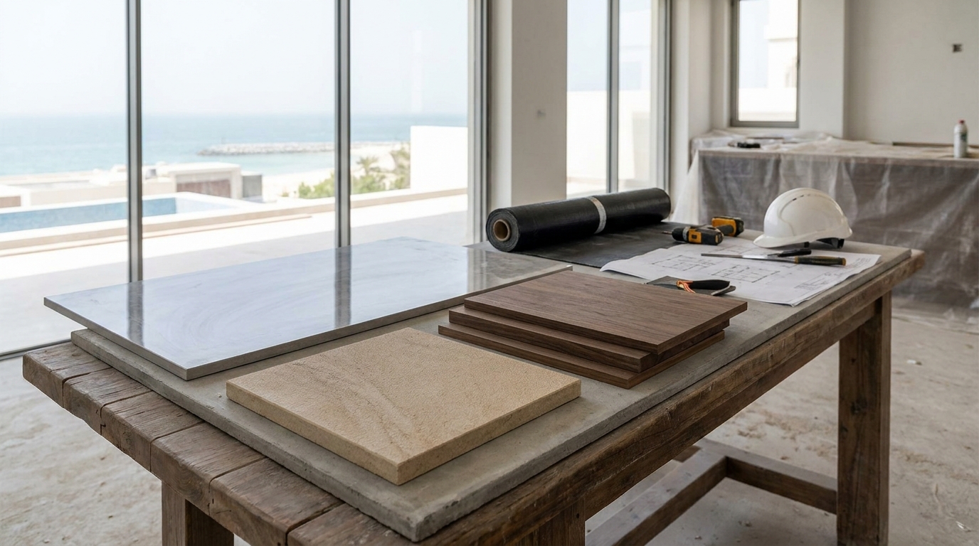 Salt-exposed villa renovation materials, including stone, porcelain, joinery veneer, and waterproofing membranes