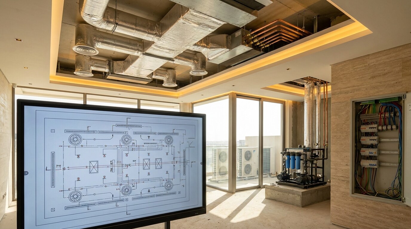 MEP Design for Luxury Dubai Villas: HVAC, VRF, Water Treatment, and District Cooling visual reference 2 showing ceiling coordination drawing showing AC diffusers, lighting circuits, sprinklers, and access panels