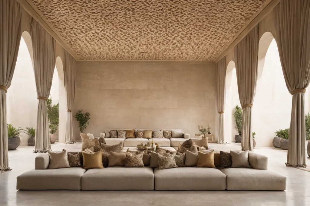 A majlis interior with continuous low seating running along the walls, deep cushions, a large carpet and an open floor in the centre