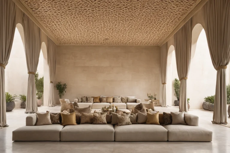 A majlis interior with continuous low seating running along the walls, deep cushions, a large carpet and an open floor in the centre