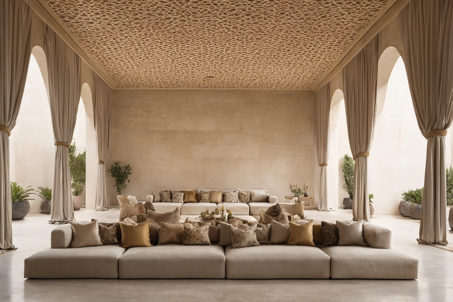 A majlis interior with continuous low seating running along the walls, deep cushions, a large carpet and an open floor in the centre