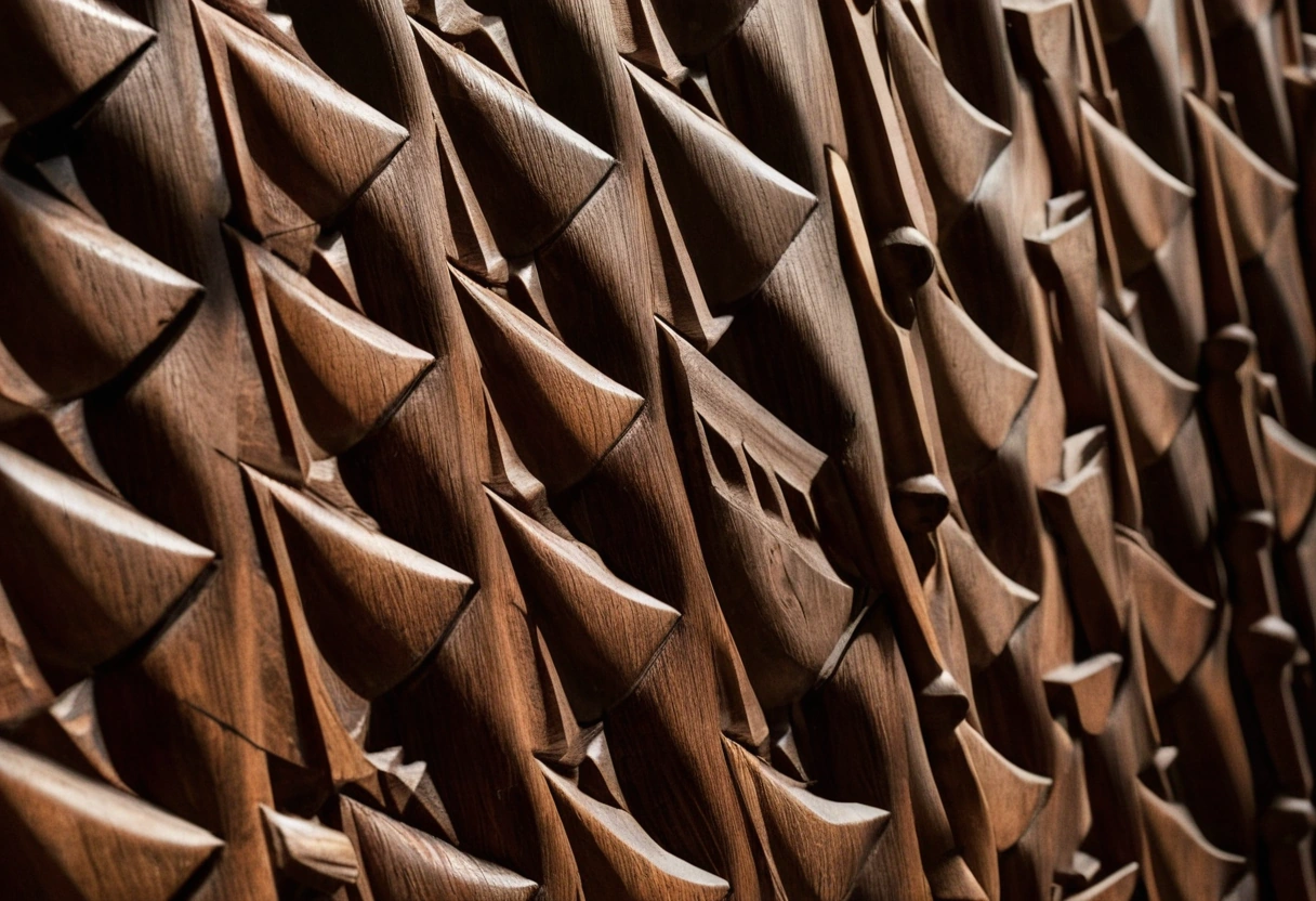 A carved wooden lattice screen with a repeating geometric pattern, throwing patterned shadow onto a plaster wall and stone floor
