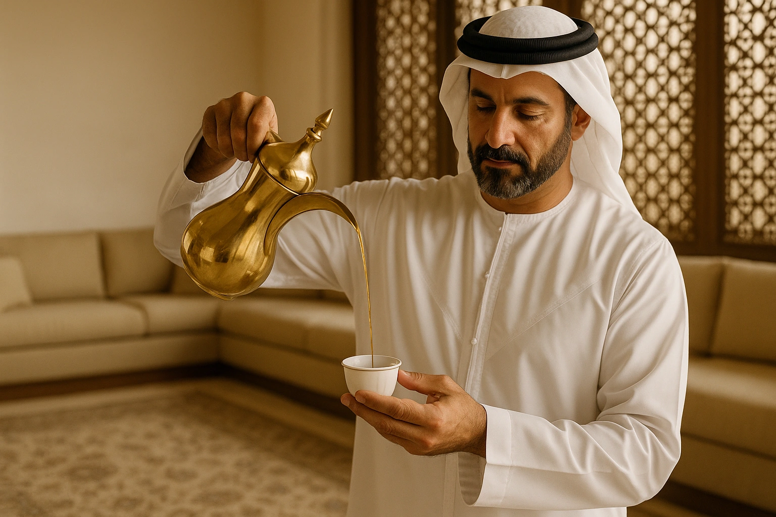 A host pouring Arabic coffee from a long-spouted brass pot into a small handleless cup in a majlis