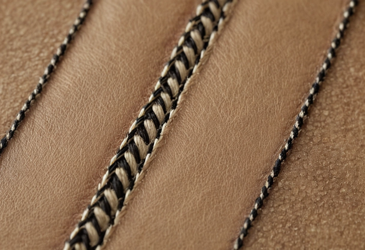 Macro detail of tan camel leather, honed pale stone and a handwoven geometric textile meeting on a single surface