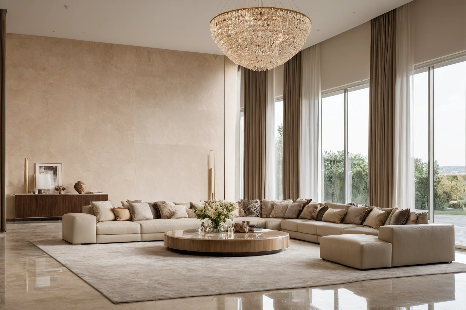 A contemporary majlis with low perimeter seating in pale stone and leather, a geometric screen filtering daylight and an open central floor